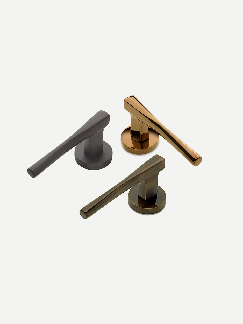 Three metallic door handles in rose gold, bronze, and gray graphite for modern interior doors - GLITTERS HARDWARE