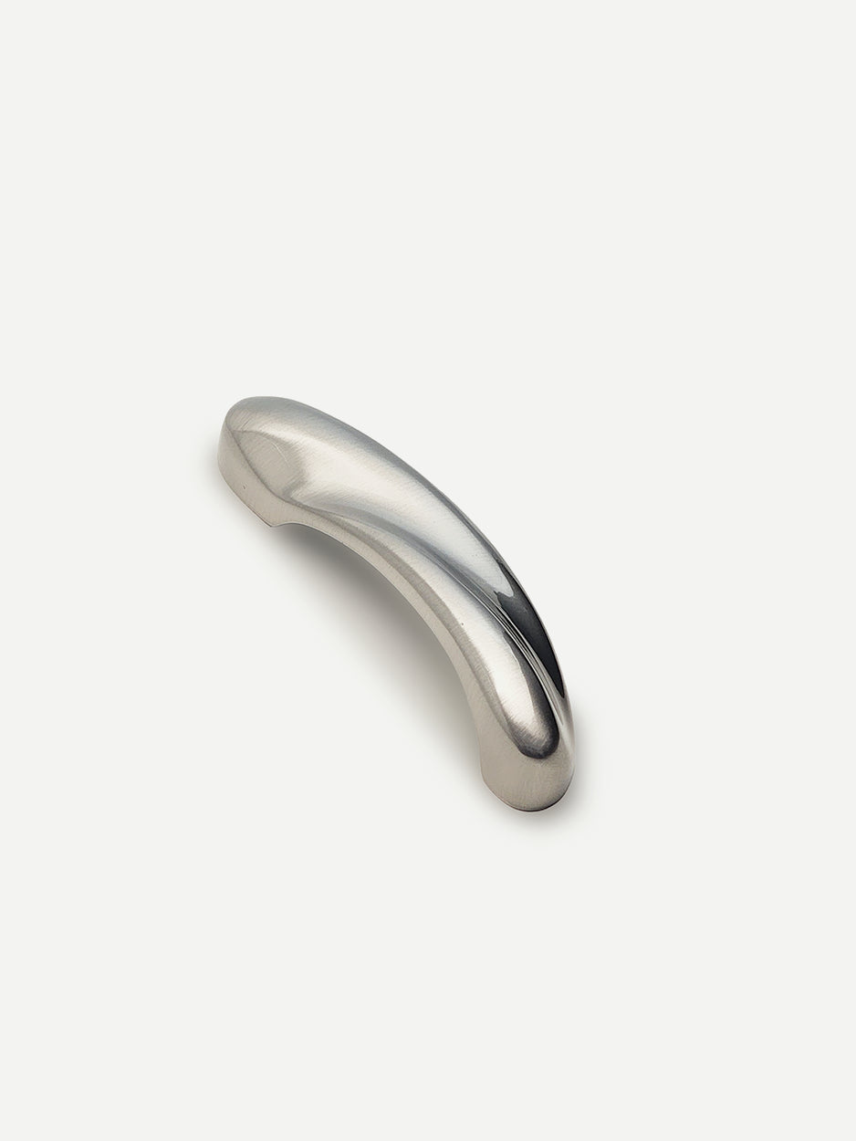 Flare Cabinet Pull in a satin nickel finish, emphasizing its contemporary design and versatile appeal, suitable for modern kitchens and luxury dressers.