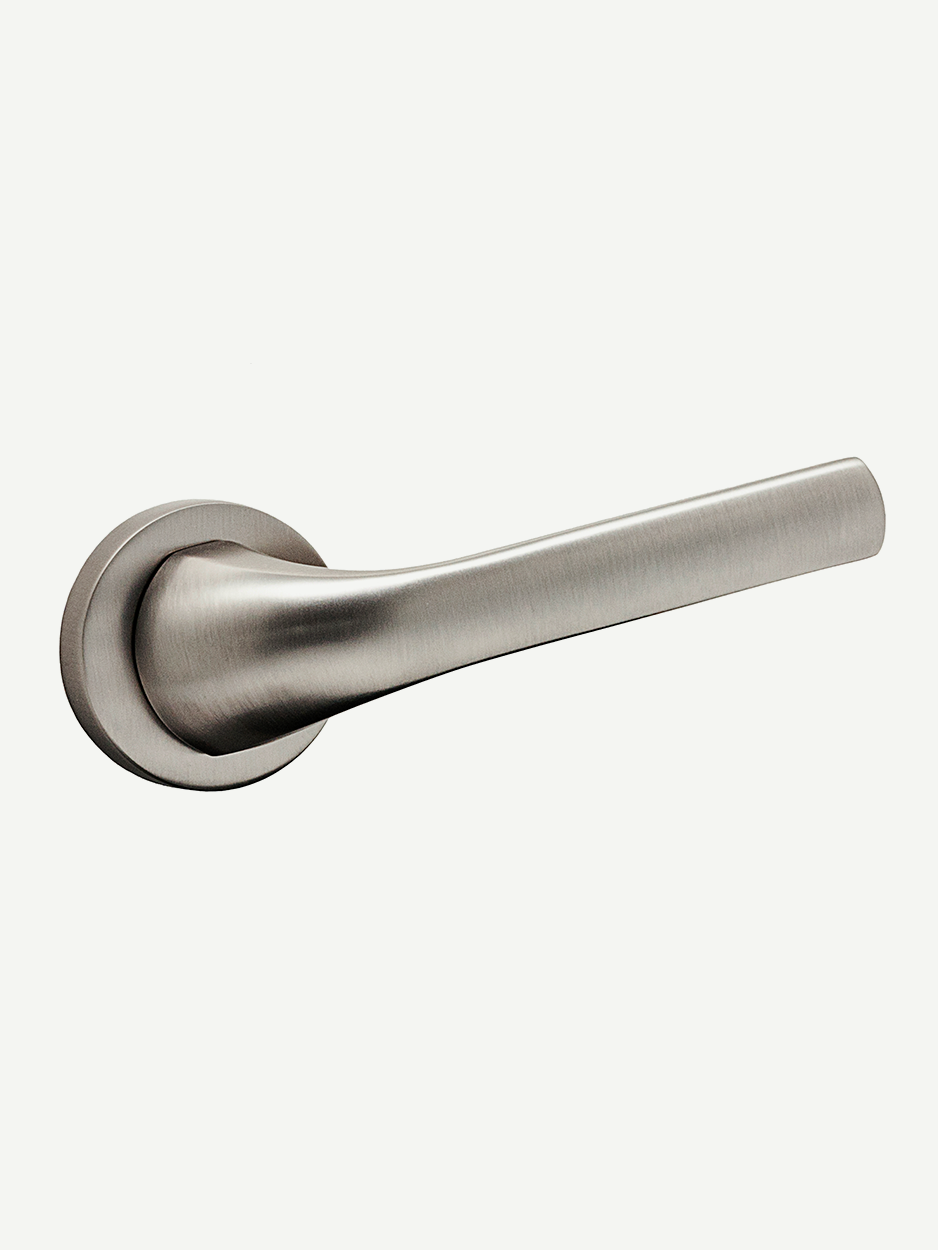 Image of the RODULE Lever Handle in satin nickel matte finish. The minimalist, high-quality craftsmanship enhances any interior space with its elegant, contemporary design.