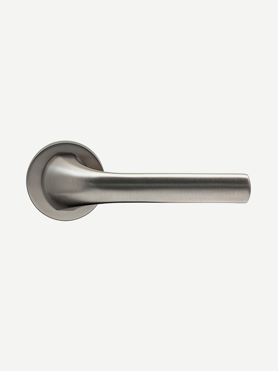 Image of the RODULE Lever Handle in satin nickel matte finish. The minimalist, high-quality craftsmanship enhances any interior space with its elegant, contemporary design.