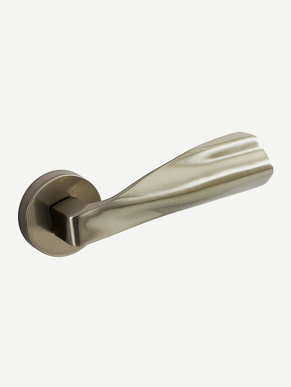 Image of the Notch Lever Handle in satin nickel finish. Elegantly styled, this lever handle adds a striking and luxurious touch to your villa, combining contemporary design with timeless elegance.