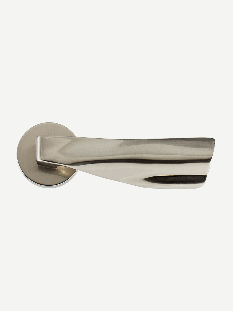 Image of the Notch Lever Handle in satin nickel finish. Elegantly styled, this lever handle adds a striking and luxurious touch to your villa, combining contemporary design with timeless elegance.