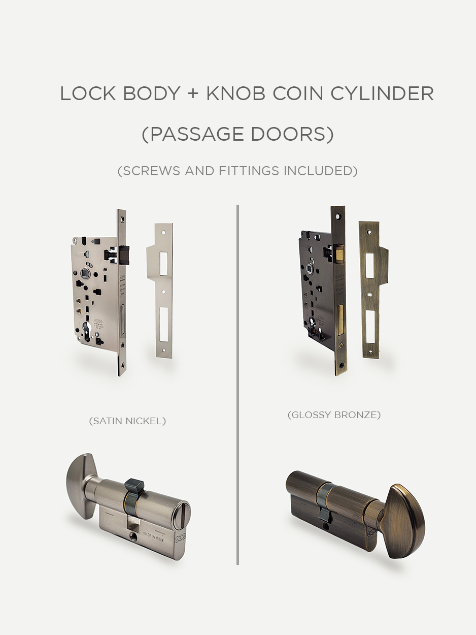 Lockbody + Knob Coin Cylinder for Passage Doors in Satin Nickel or Bronze - Glitters Hardware