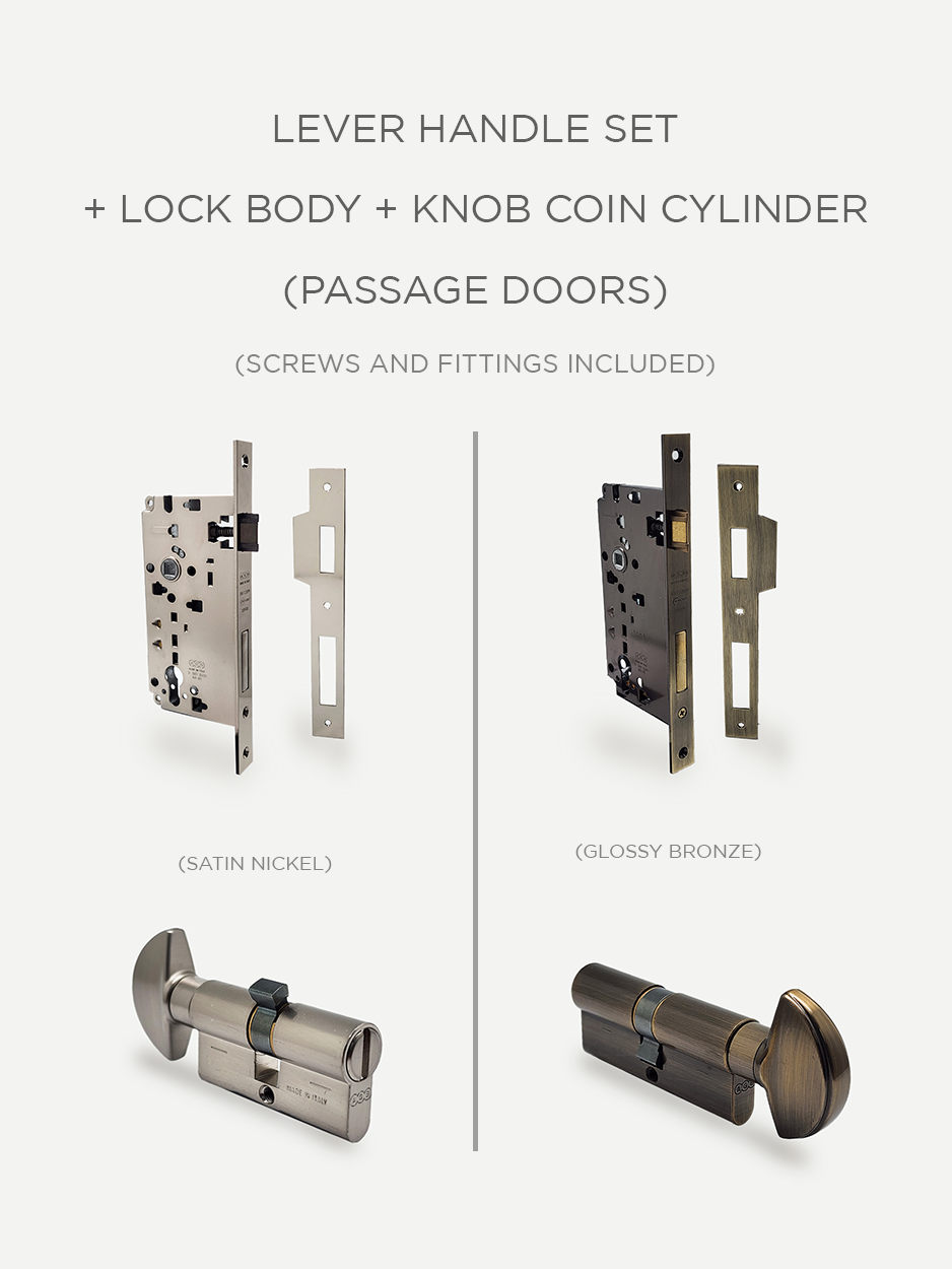 Lever Handle Set with Lock Body and Knob Coin Cylinder for Passage Doors with Screws and Fittings Included