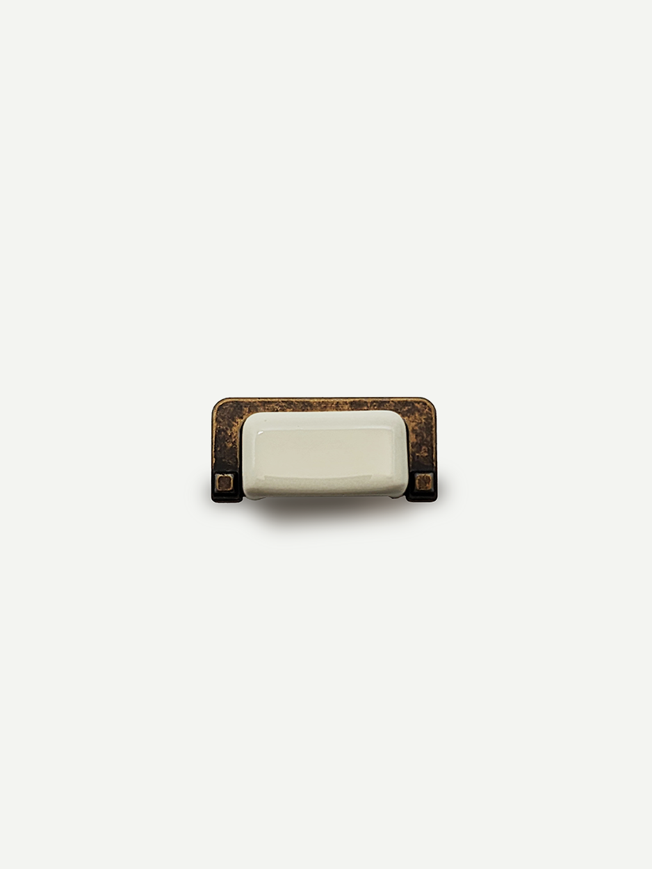 SOLENE SMALL RECTANGLE CABINET KNOB IN WHITE CERAMIC WITH BRASS DETAILING - GLITTERS HARDWARE