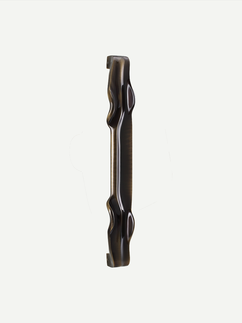 Close-up of the front door pull handle in a glossy bronze finish, showcasing its elegantly curved edges and symmetrical design, reminiscent of a multi-strand braid, adding a regal touch to contemporary front doors.