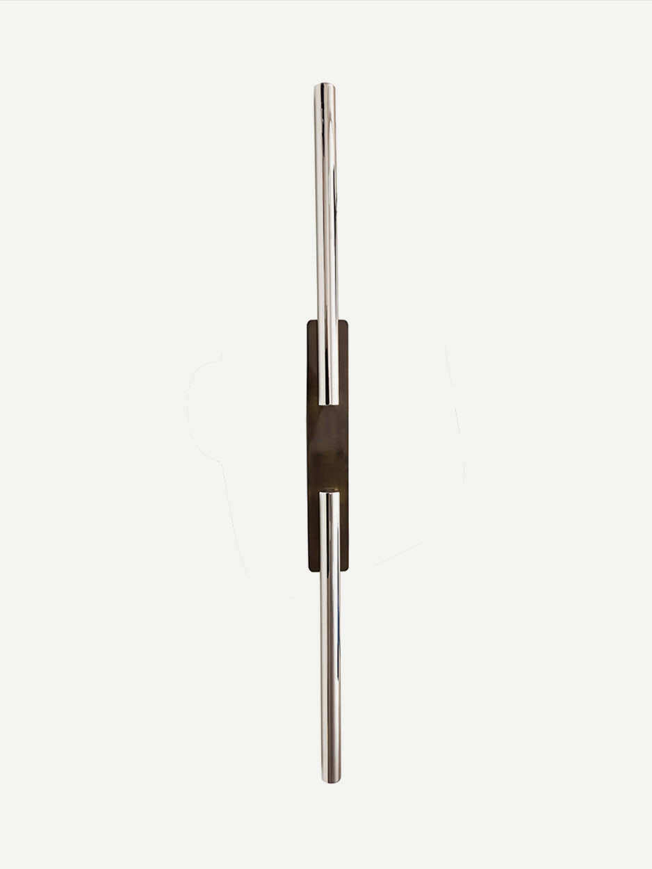 Contemporary pull handle for oversized entry doors in stainless steel.