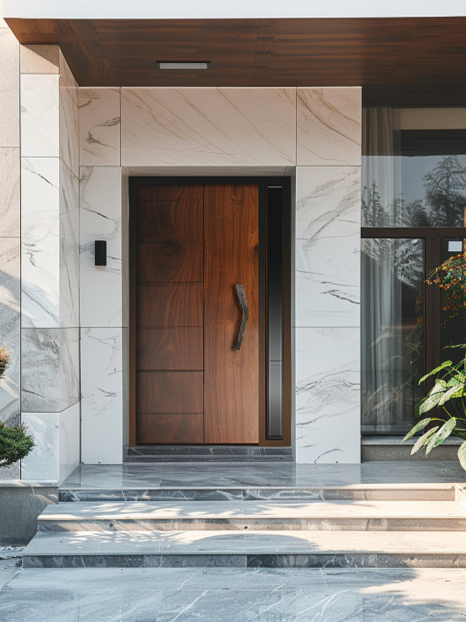 Handcrafted front door handles with unique sculpted detailing