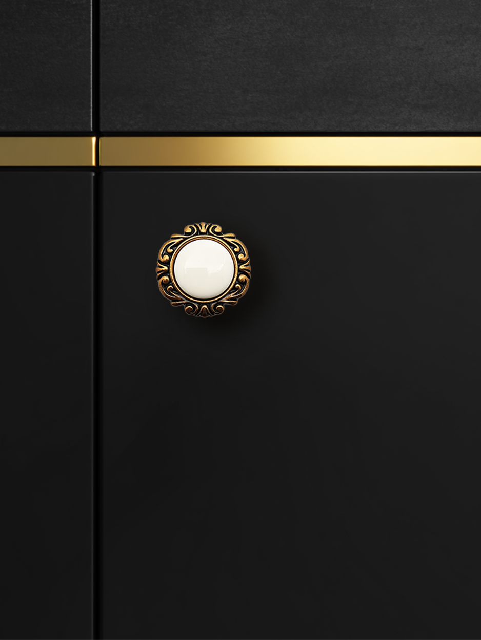Ceramic Knob with Brass Detailing on Black Cabinet - ODETTE (Circle) - GICK-6 -GLITTERS HARDWARE 