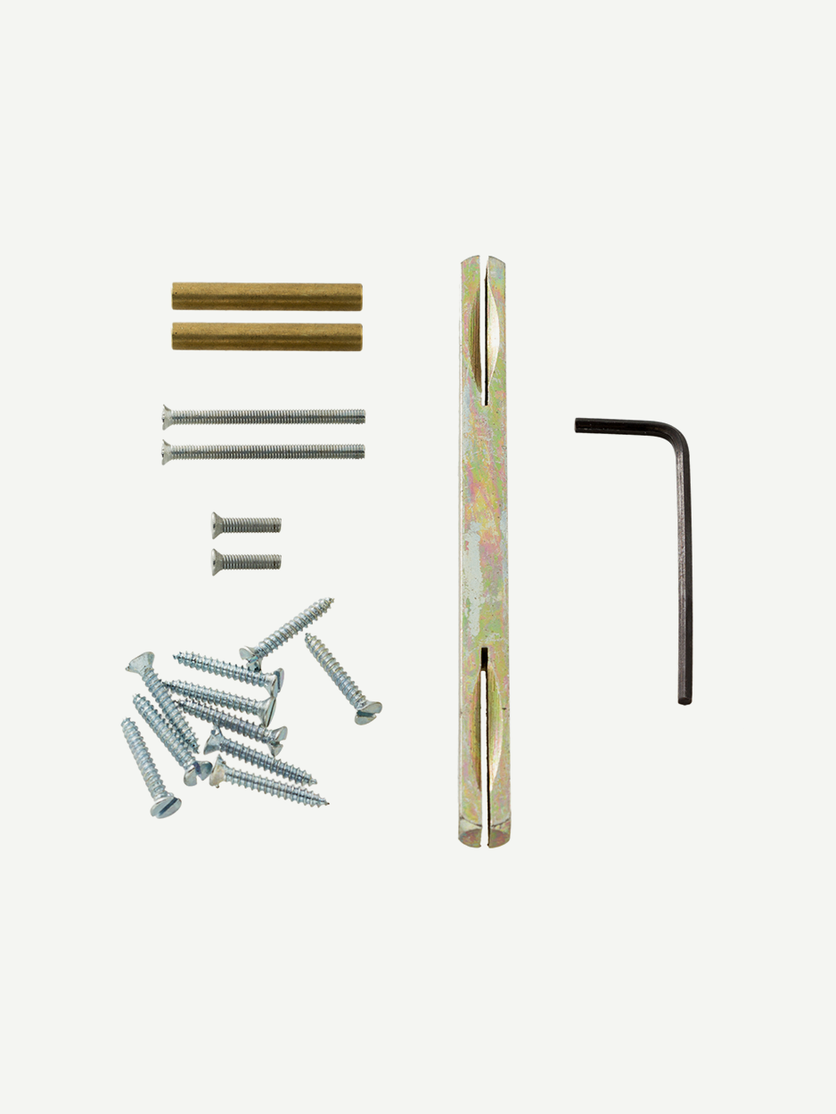 Image showing the screws and fittings included with the RODULE Lever Handle set. These components ensure a secure installation and support the handle’s high-quality, handcrafted design.