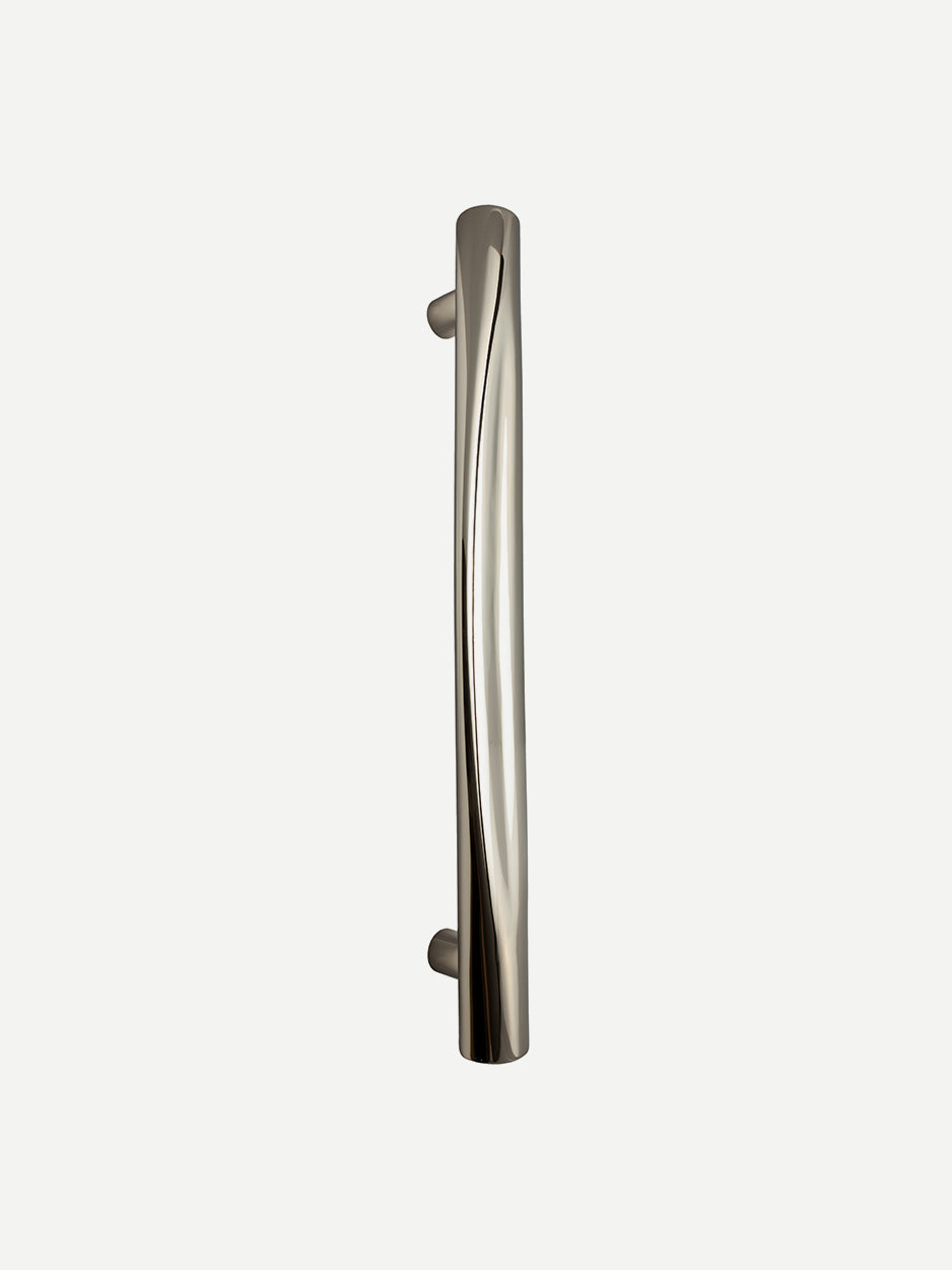 Slant door handle in a stainless steel finish. The image showcases its angular, modern design with a polished, reflective surface that accentuates its sleek, contemporary style.