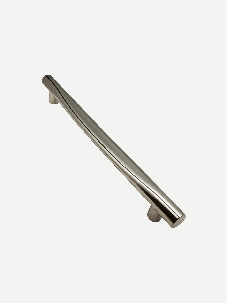 Slant door handle in a stainless steel finish. The image showcases its angular, modern design with a polished, reflective surface that accentuates its sleek, contemporary style.