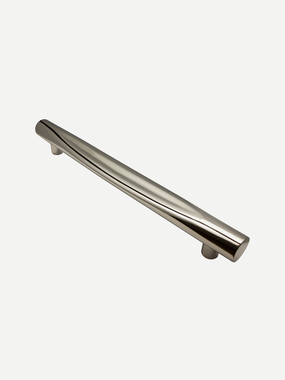 Slant door handle in a stainless steel finish. The image showcases its angular, modern design with a polished, reflective surface that accentuates its sleek, contemporary style.