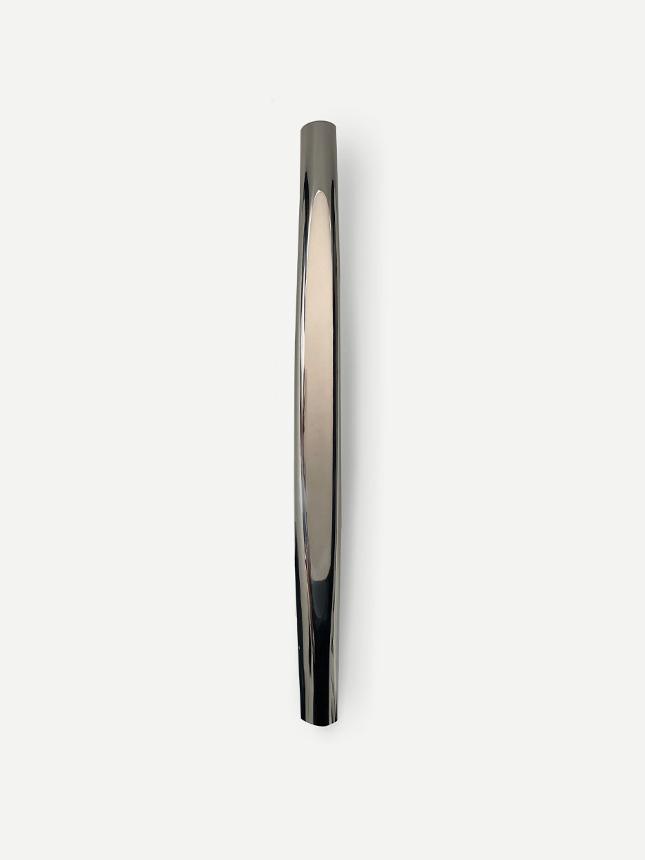 Slant door handle in a stainless steel finish. The image showcases its angular, modern design with a polished, reflective surface that accentuates its sleek, contemporary style.