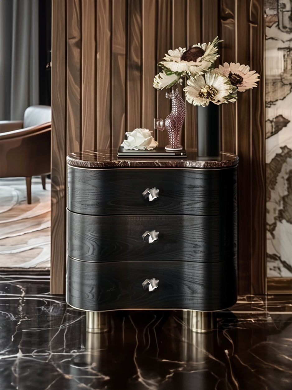Nexus Cabinet Pull mounted on cabinet drawers, illustrating how its modern and abstract design elevates the overall look of the room with a sleek and luxurious finish.