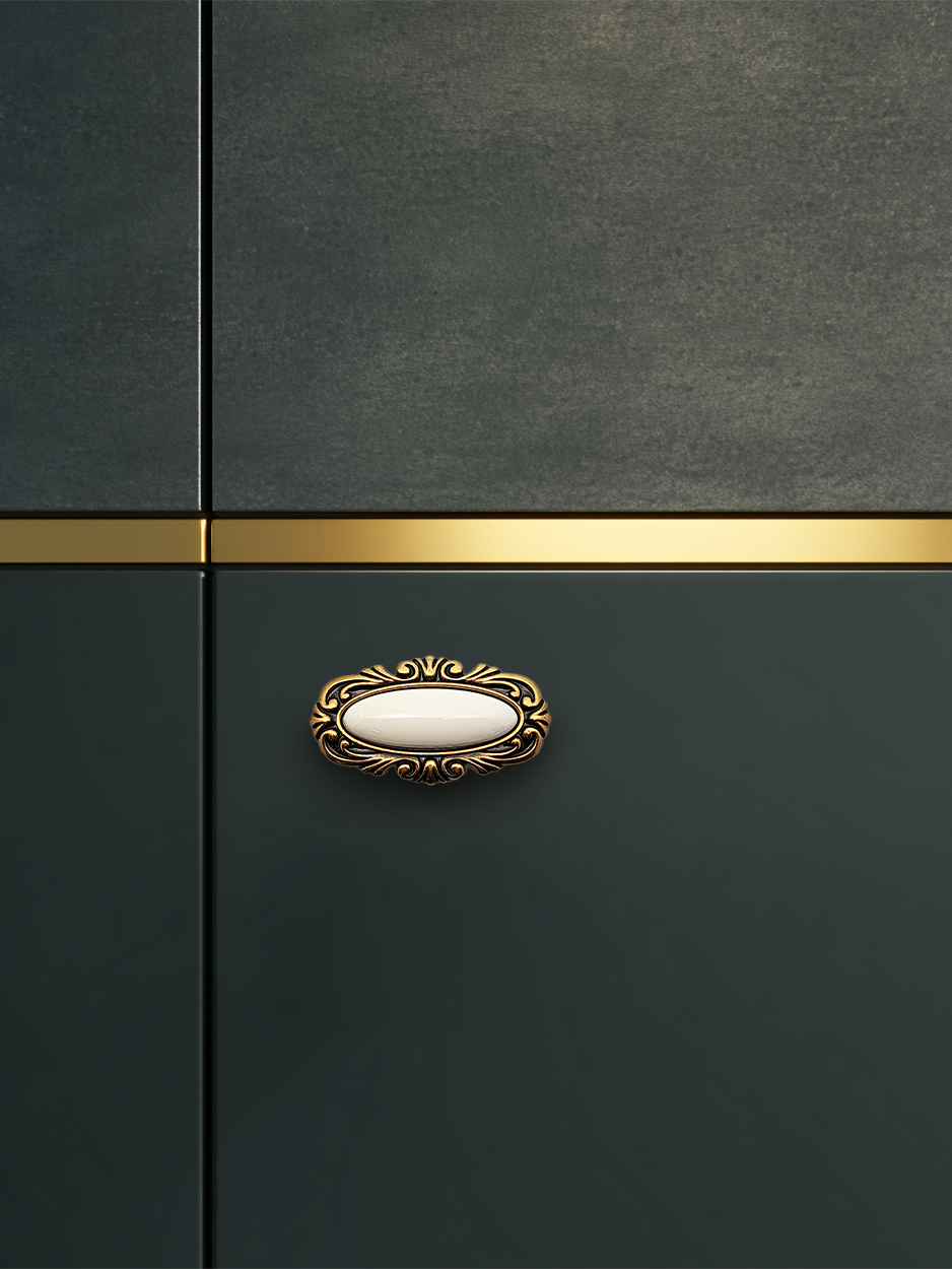 Ceramic knobs with brass for boutique kitchens and bathroom design.