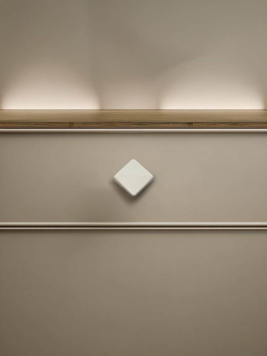 PETRA CERAMIC KNOB - GICK 5 - WHITE  CERAMIC DIAMOND SHAPE KNOB ON BEIGE VANITY DRESSER DRAWER - GLITTERS HARDWARE