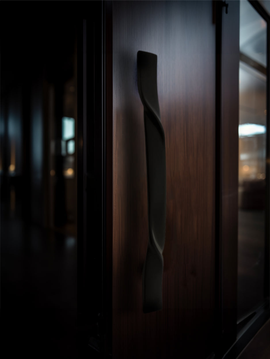 Designer front door handles with sleek contemporary design in black matte 
