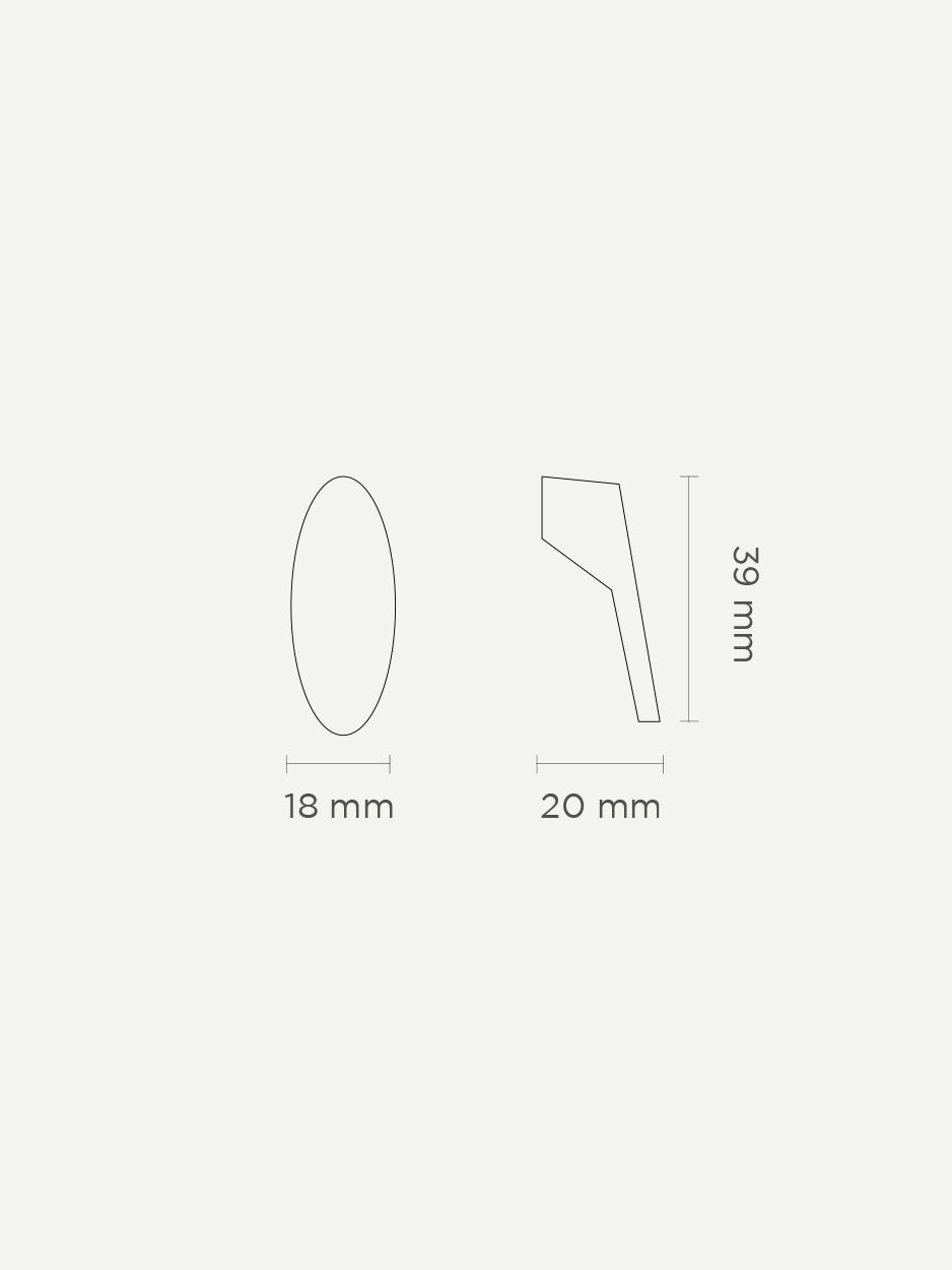 Dimension drawing of the Ellipsis knob, detailing its organic oval shape and precise measurements for accurate installation. Keywords: cabinet knob dimensions, hardware installation guide, interior design specifications.