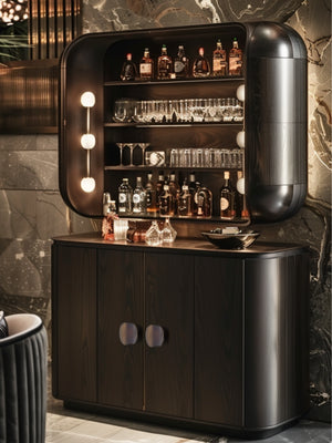 Bar cabinet with glossy bronze mushroom-shaped cabinet pull, elegant design, luxury home decor, sophisticated furniture.