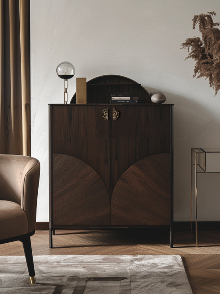 Mockup of the Streaked Cabinet Pull mounted on a luxury bar cabinet, illustrating how its design evokes the feel of the outdoors and enhances the overall aesthetic of kitchen and cabinetry spaces.