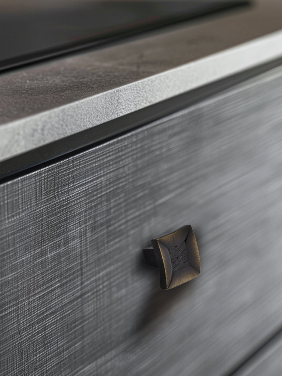 Mockup image of the Klingon knob on furniture, showcasing its avant-garde design and practical appeal. Perfect for elevating modern interiors with a touch of sci-fi sophistication.