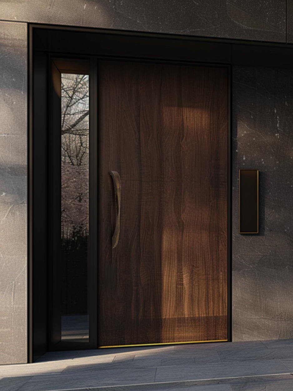 Mockup of the minimal door pull handle mounted on a front door, demonstrating how its sleek and luxurious design in various finishes enhances the visual appeal of modern entrances.