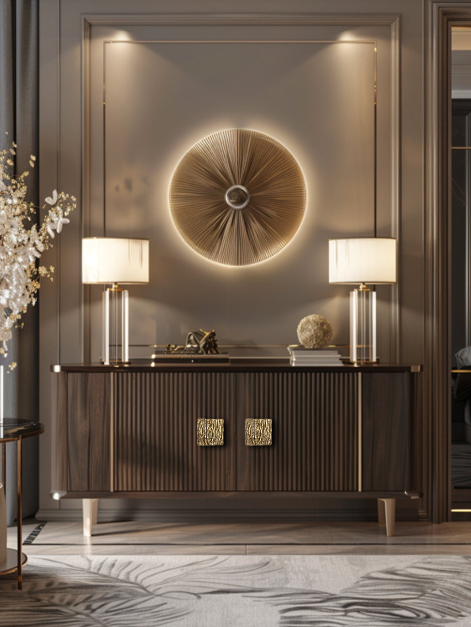 Mockup of the textured cabinet pull mounted on a console unit cabinet, demonstrating how its nature-inspired design and luxurious finish enhance the overall look and feel of contemporary cabinetry.