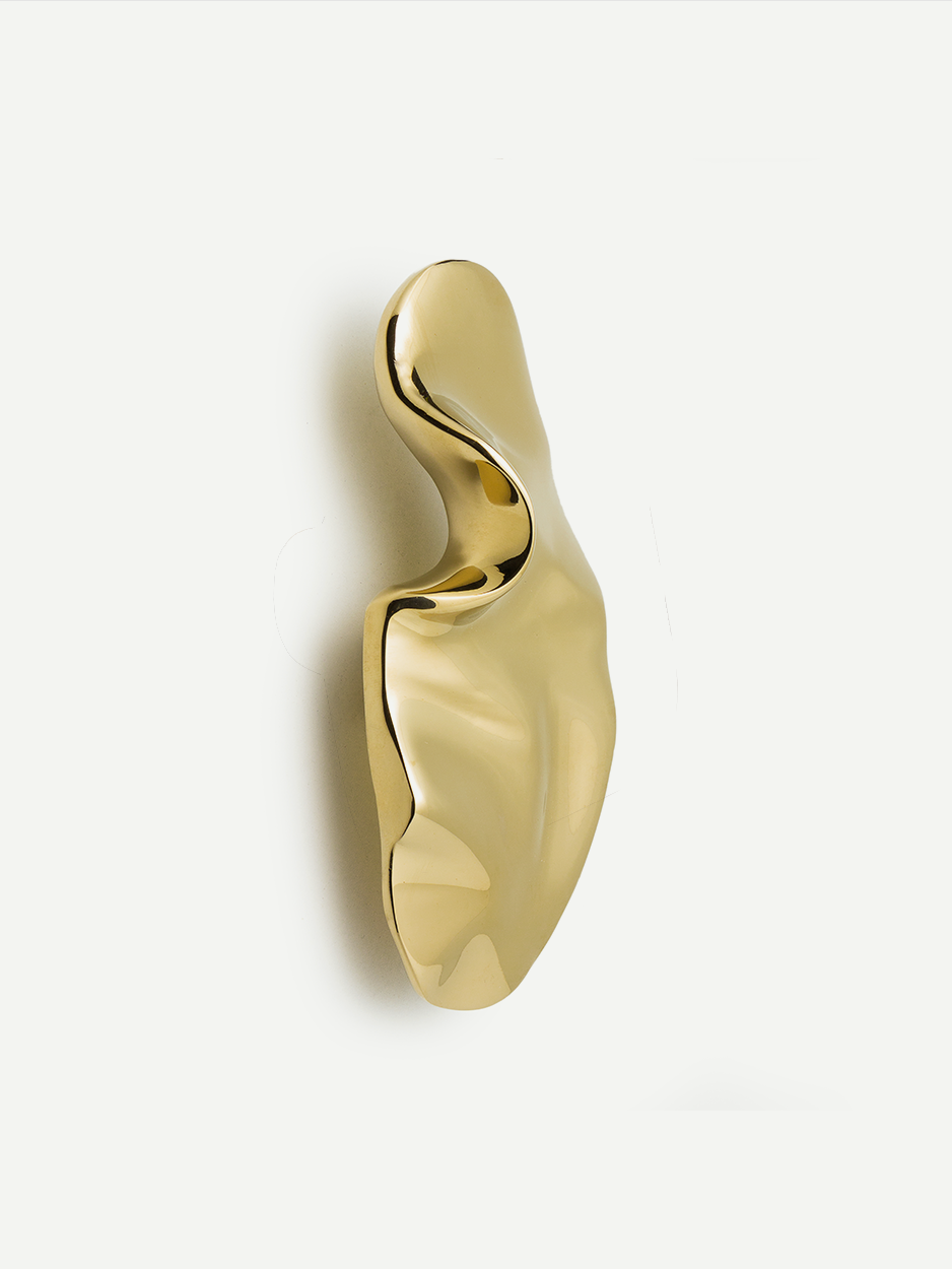 Artistically shaped cabinet pull in a gold PVD finish, reflecting the elegance and creativity inspired by a sea creature amoeba, ideal for enhancing the look of dresser drawers, nightstands, ottomans, and kitchen cabinets.