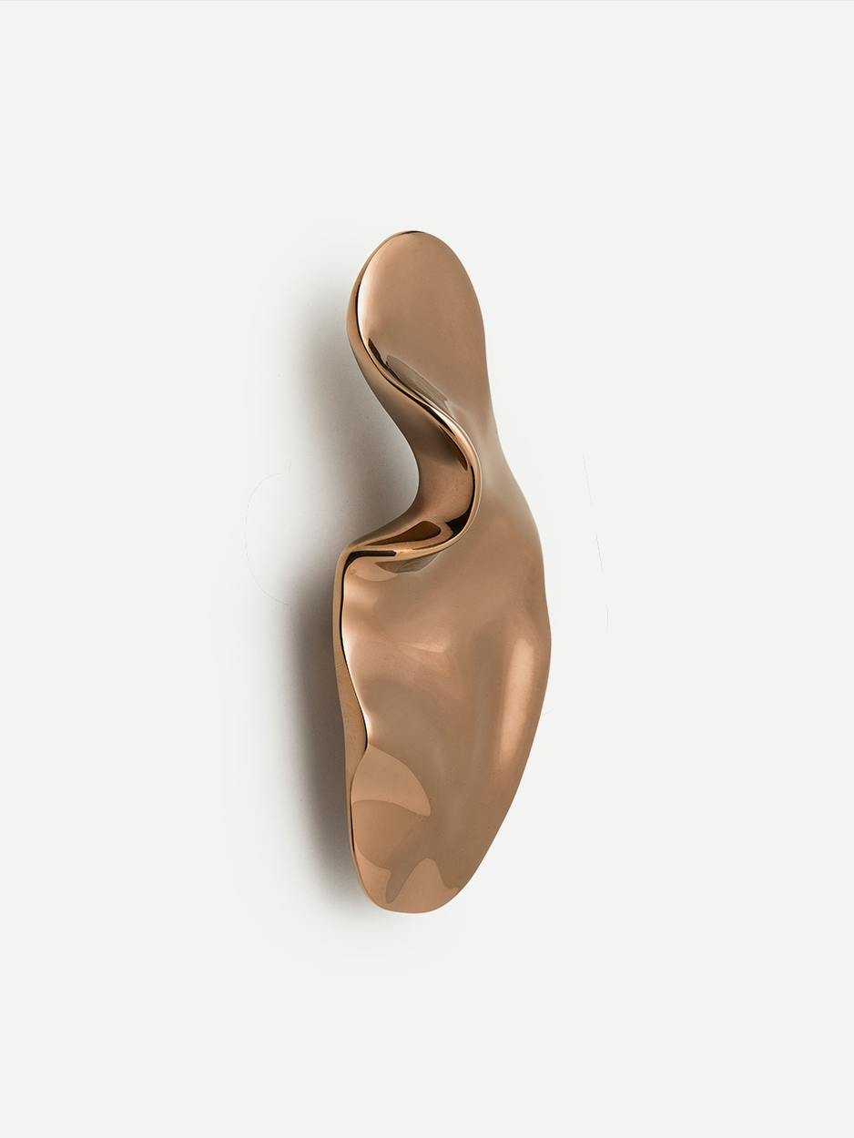 Artistically shaped cabinet pull in a rose gold PVD finish, showcasing its unique design inspired by a sea creature amoeba, perfect for adding a luxurious touch to various furniture pieces.