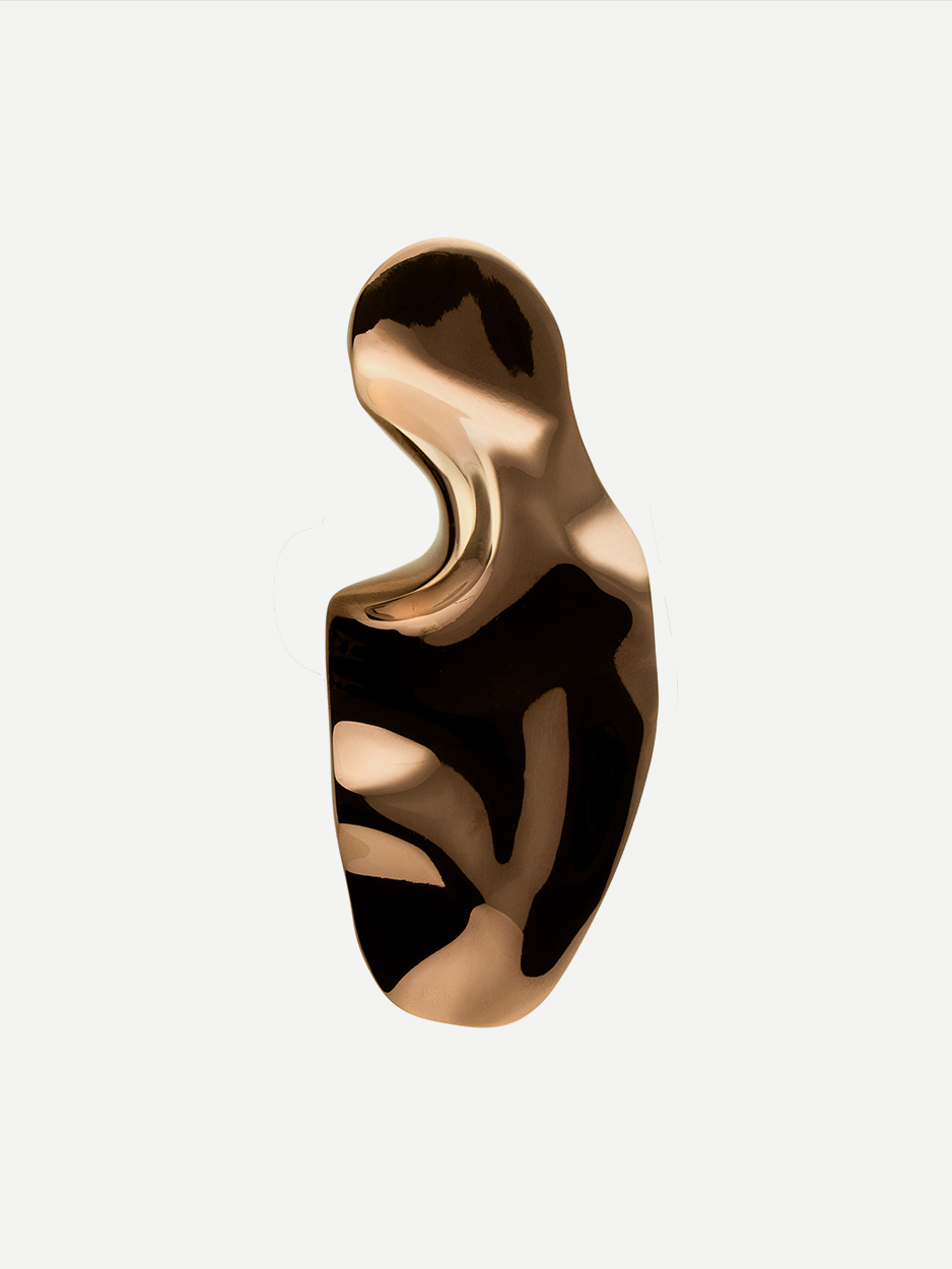 Artistically shaped cabinet pull in a rose gold PVD finish, showcasing its unique design inspired by a sea creature amoeba, perfect for adding a luxurious touch to various furniture pieces.