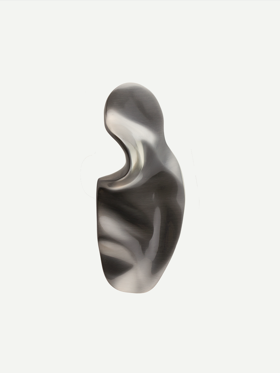 Artistically shaped cabinet pull in a satin nickel finish, embodying the luxury and uniqueness inspired by a sea creature amoeba, suitable for a variety of furniture pieces.