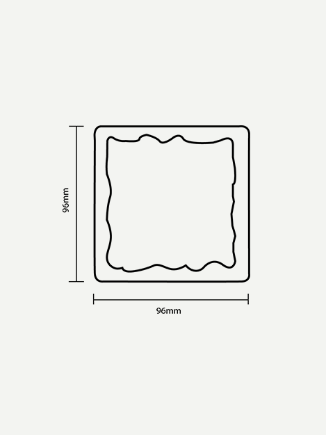 Dimension drawing of a square cabinet pull with detailed measurements, featuring curved minimal border and vertical striations. Ideal for luxury cabinets and console units, inspired by banyan tree roots.