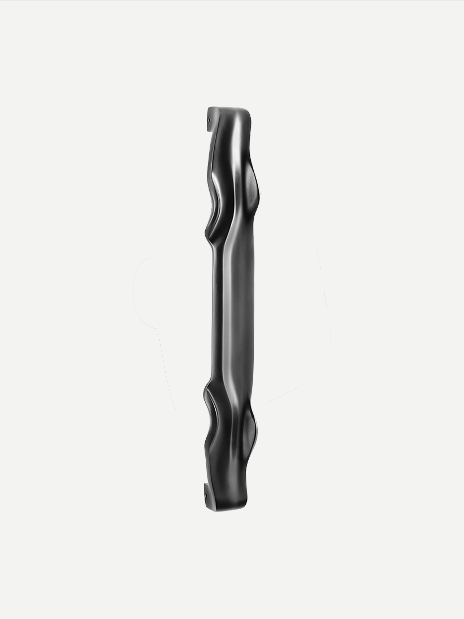 Front door pull handle in a black matte finish, featuring gracefully curved edges and a symmetrical braid-like design that adds a cool and modern elegance to any front door.