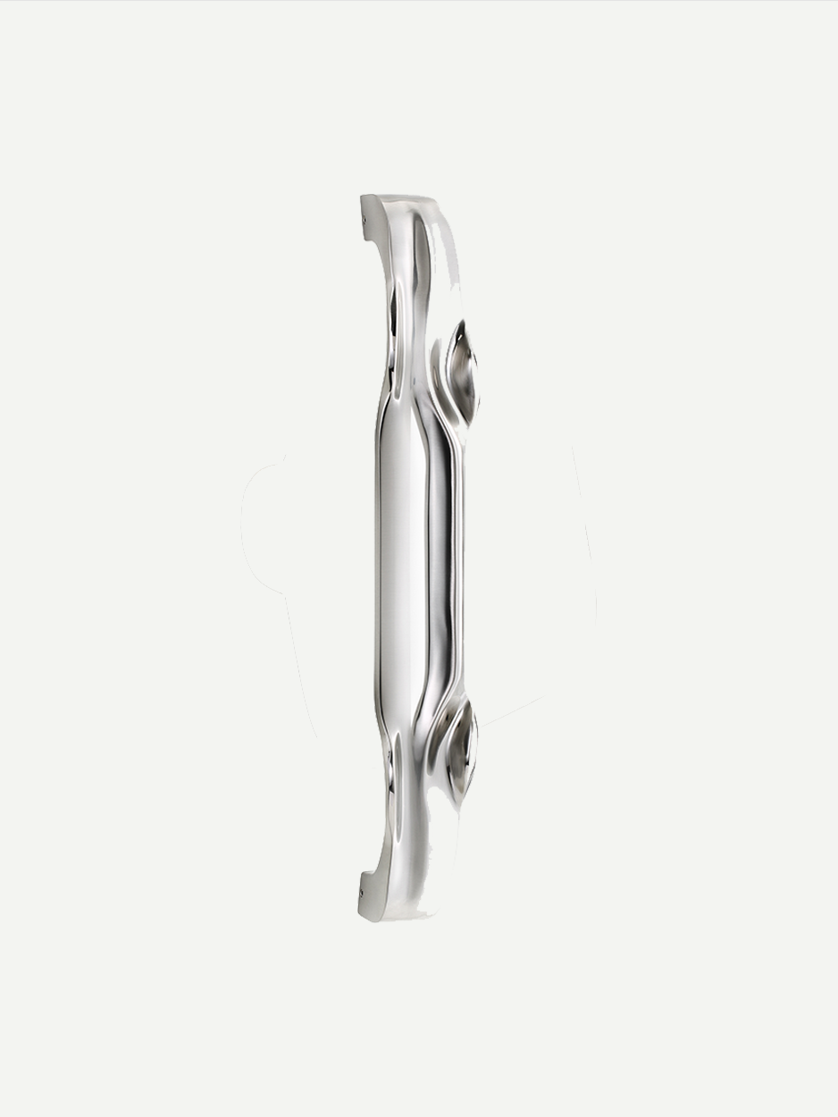 Front door pull handle in a satin nickel finish, highlighting its smooth, curved edges and perfectly symmetrical design that brings a unique and sophisticated feel to modern entryways.