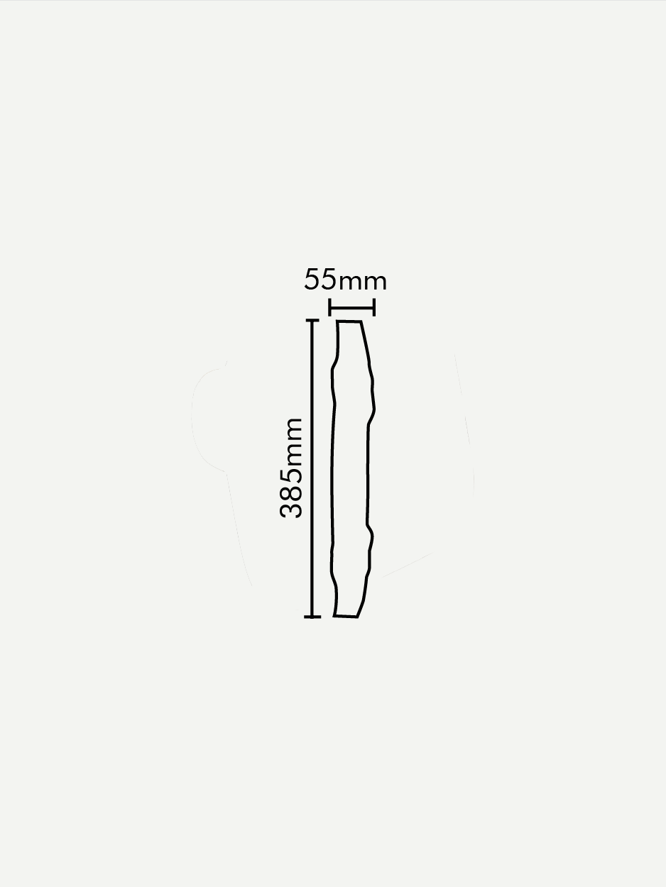 Dimension drawing of the front door pull handle, detailing its measurements and the intricately curved, symmetrical design inspired by a multi-strand braid for precise installation."