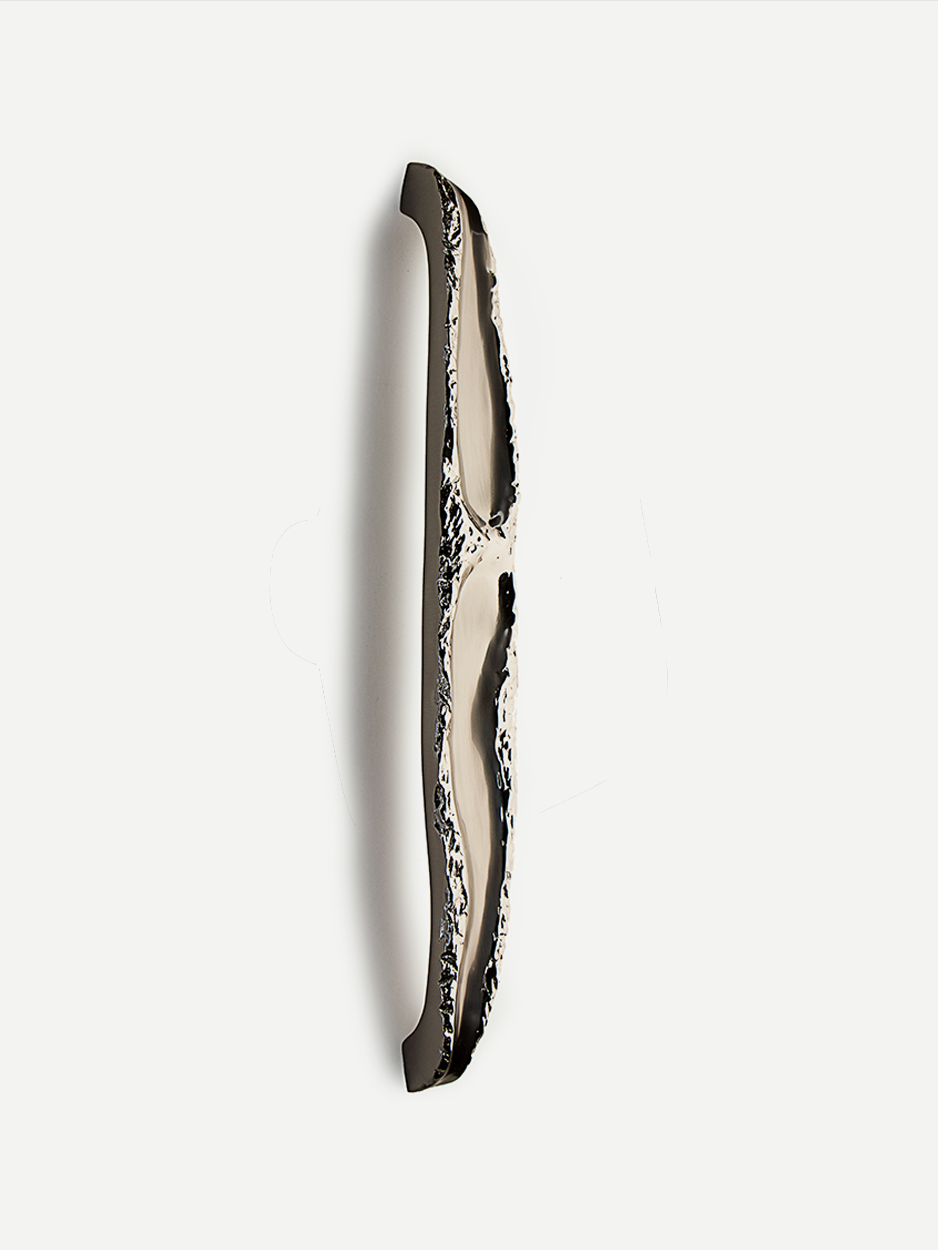 Luxurious front door pull in a satin nickel finish, featuring its refined, abstract form that seamlessly blends modern sophistication with natural inspiration.