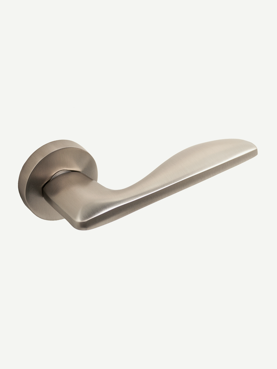 Image of the Grapnel Lever Handle in a satin nickel finish. The handle's sleek design enhances both residential and office doors with a stylish, contemporary look.