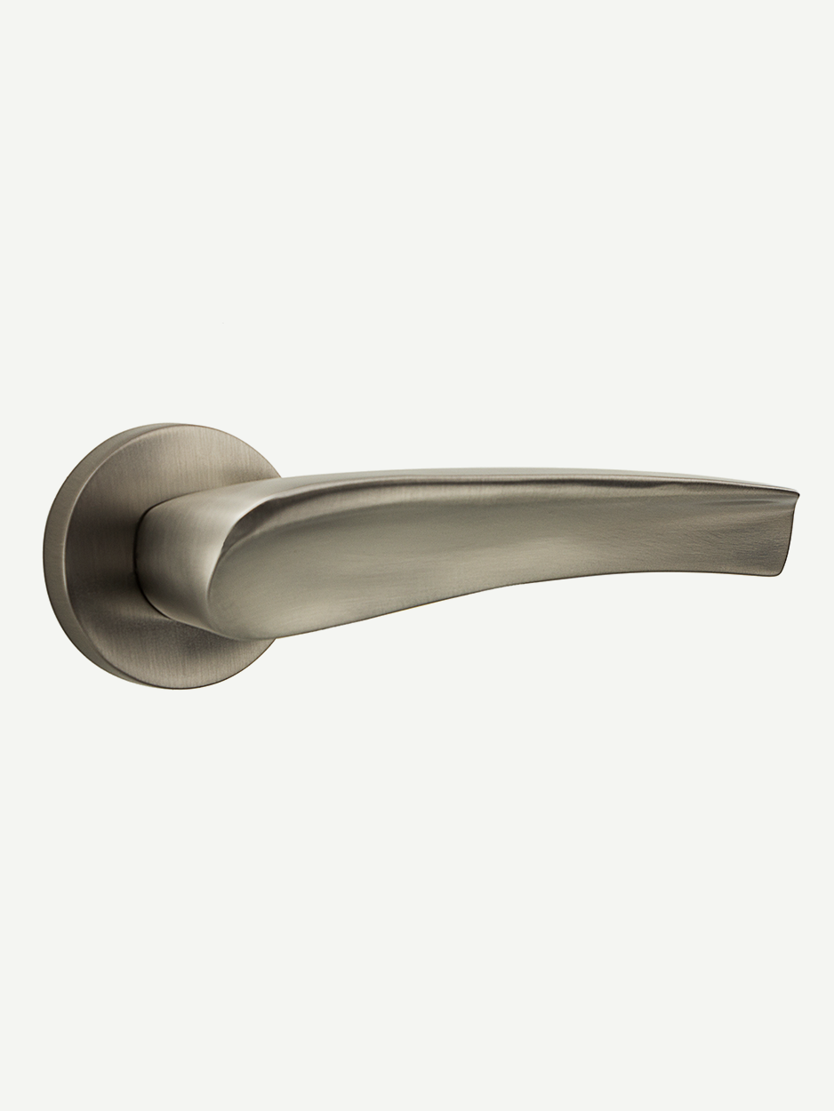 Image of the ELM Lever Handle in a satin nickel finish. The handle’s form, inspired by nature, adds a timeless and elegant touch to contemporary home interiors.