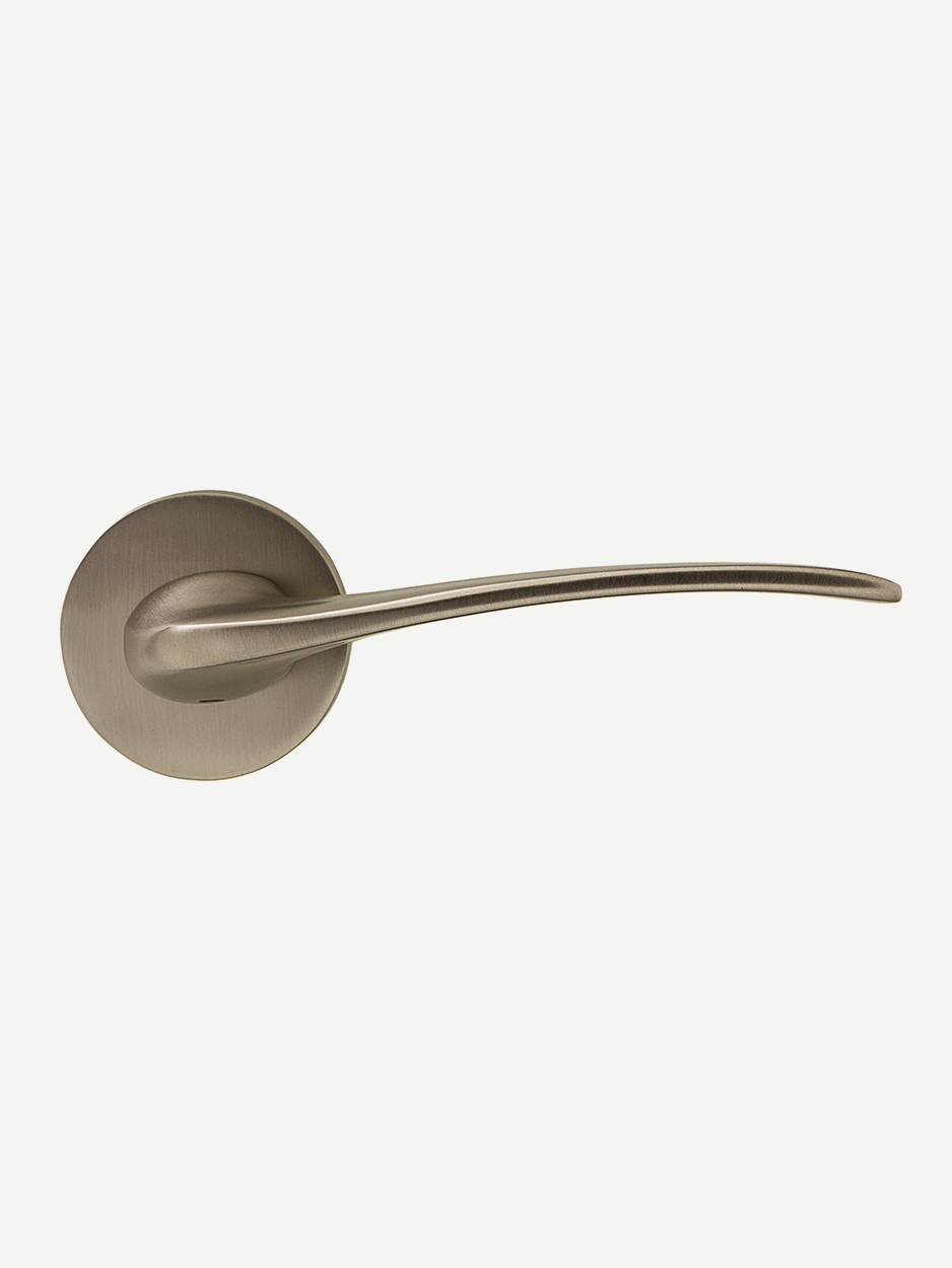 Image of the PLANE Lever Handle in satin nickel finish. The sleek, simple form adds a touch of elegance and modernity to any door, providing a clean and stylish appearance suitable for various décor styles.