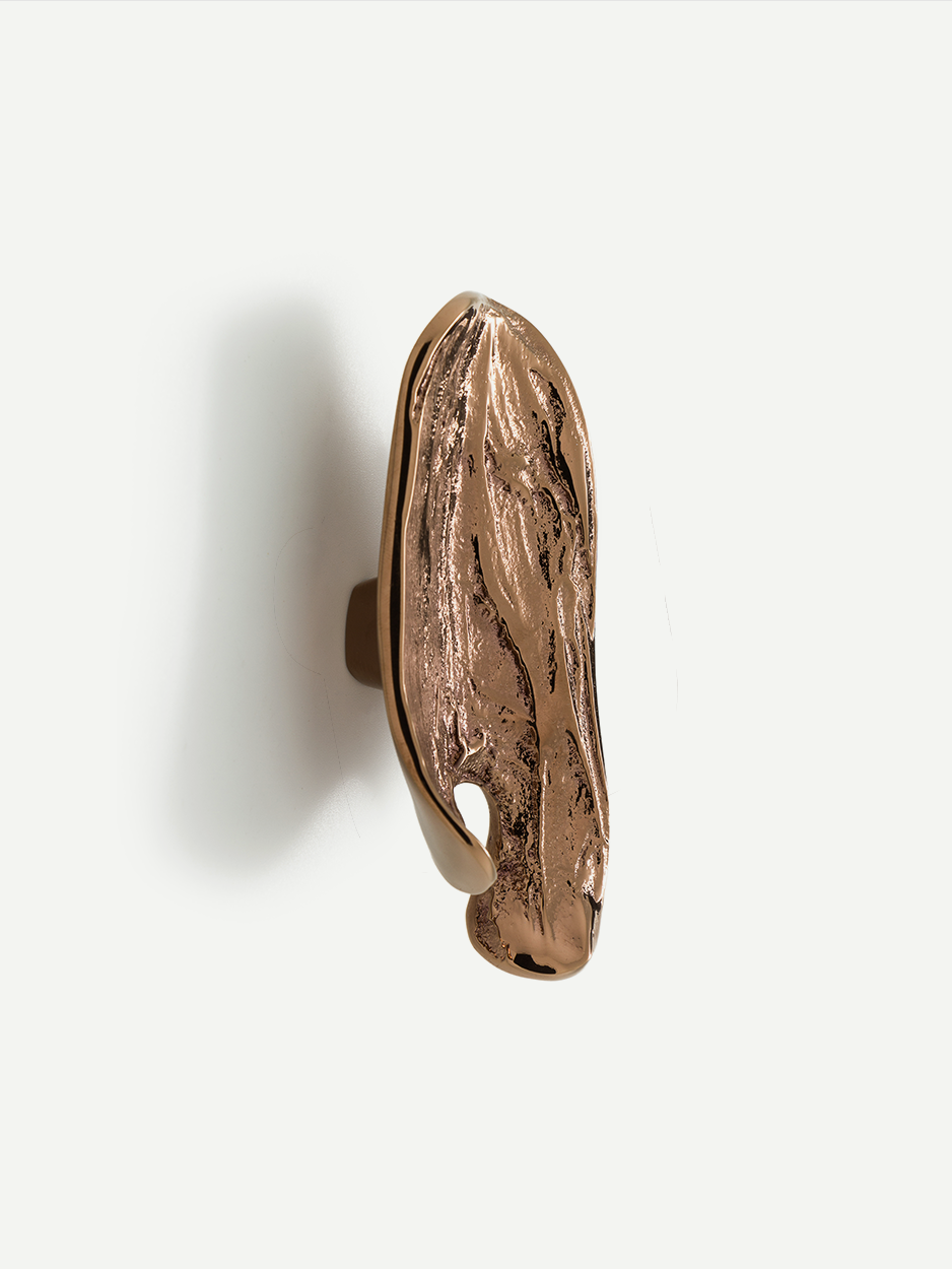 Decorative brass cabinet pull in leaf-shaped designer style 