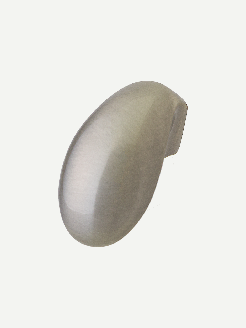 Image of the OVATE knob in a satin nickel finish, highlighting its modern and elegant oval design. Keywords: satin nickel cabinet knob, oval drawer handle, modern hardware.