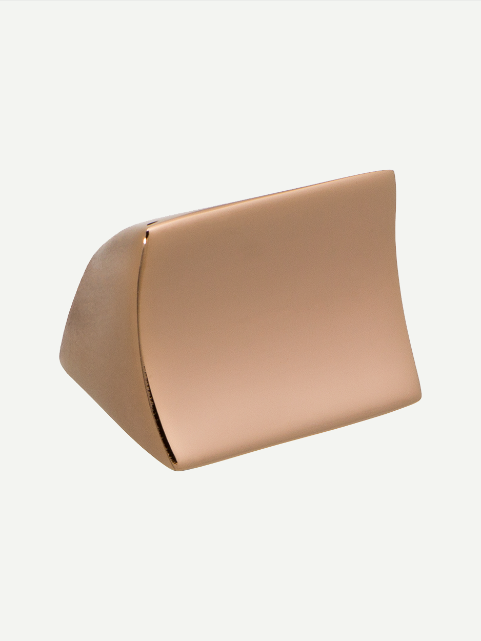 Rose gold PVD Satellite cabinet knob with fluid geometry and a softened concave surface, perfect for stylishly enhancing the decor of study furniture and commercial workspaces.