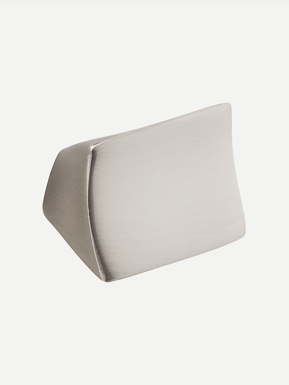 Satin nickel Satellite cabinet knob with sharp lines and a softened concave surface, ideal for elevating the style of study furniture and commercial workspaces.